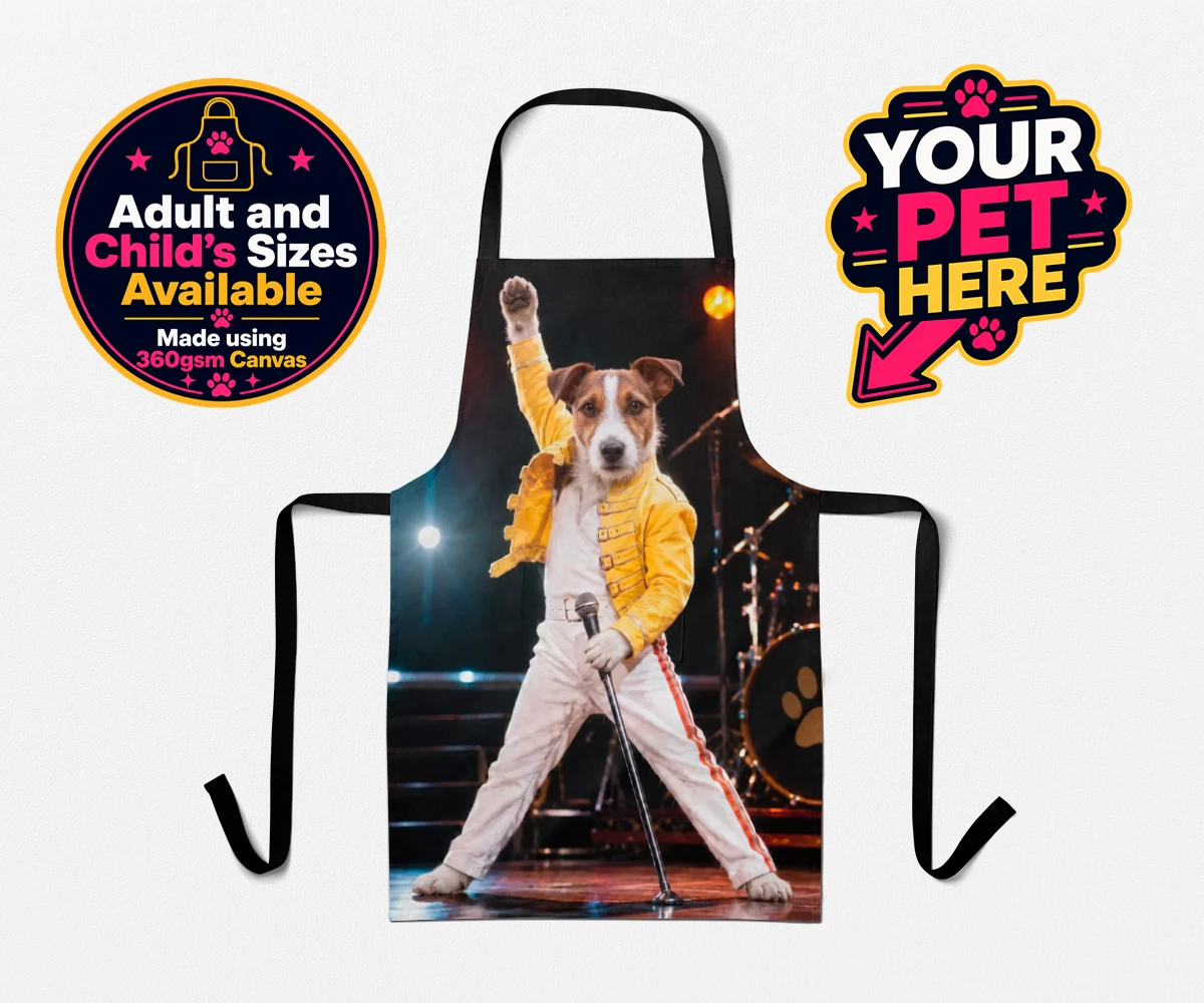 Personalised The Paw Must Go On dog aprons featuring meet "The Paw Must Go On," a delightful tribute to music legends that