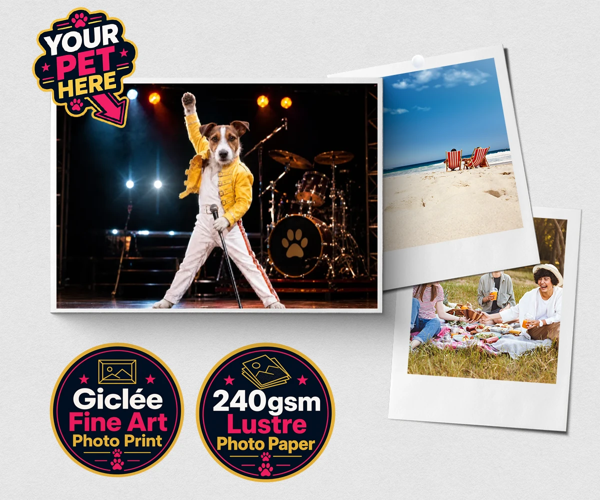 Personalised The Paw Must Go On dog premium photo print featuring meet "The Paw Must Go On," a delightful tribute to music legends that