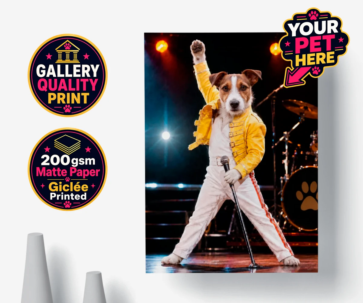 Personalised poster print of The Paw Must Go On dog in a yellow jacket with microphone on stage