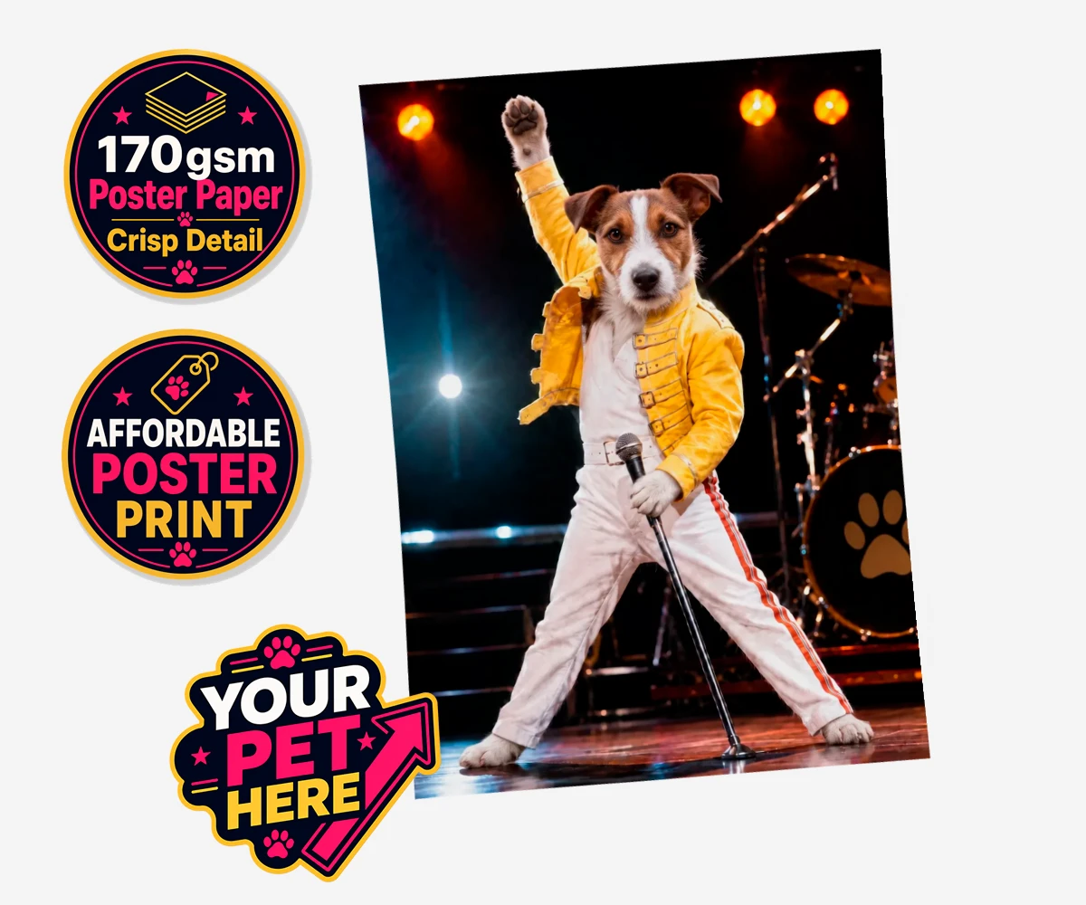 Personalised The Paw Must Go On dog standard poster print featuring meet "The Paw Must Go On," a delightful tribute to music legends that