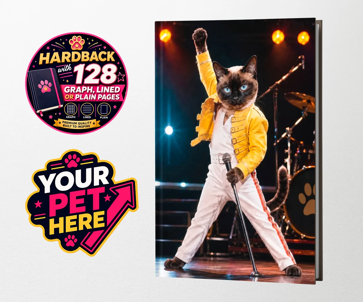 Personalised The Paw Must Go On cat hardback notebooks featuring " a show-stopping tribute to feline flair in a vibrant portrait style