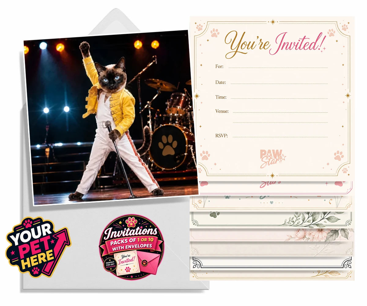 Personalised The Paw Must Go On cat invitations featuring " a show-stopping tribute to feline flair in a vibrant portrait style