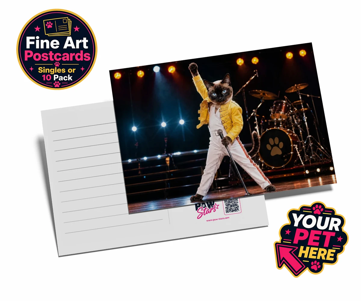 Personalised The Paw Must Go On cat postcards featuring " a show-stopping tribute to feline flair in a vibrant portrait style