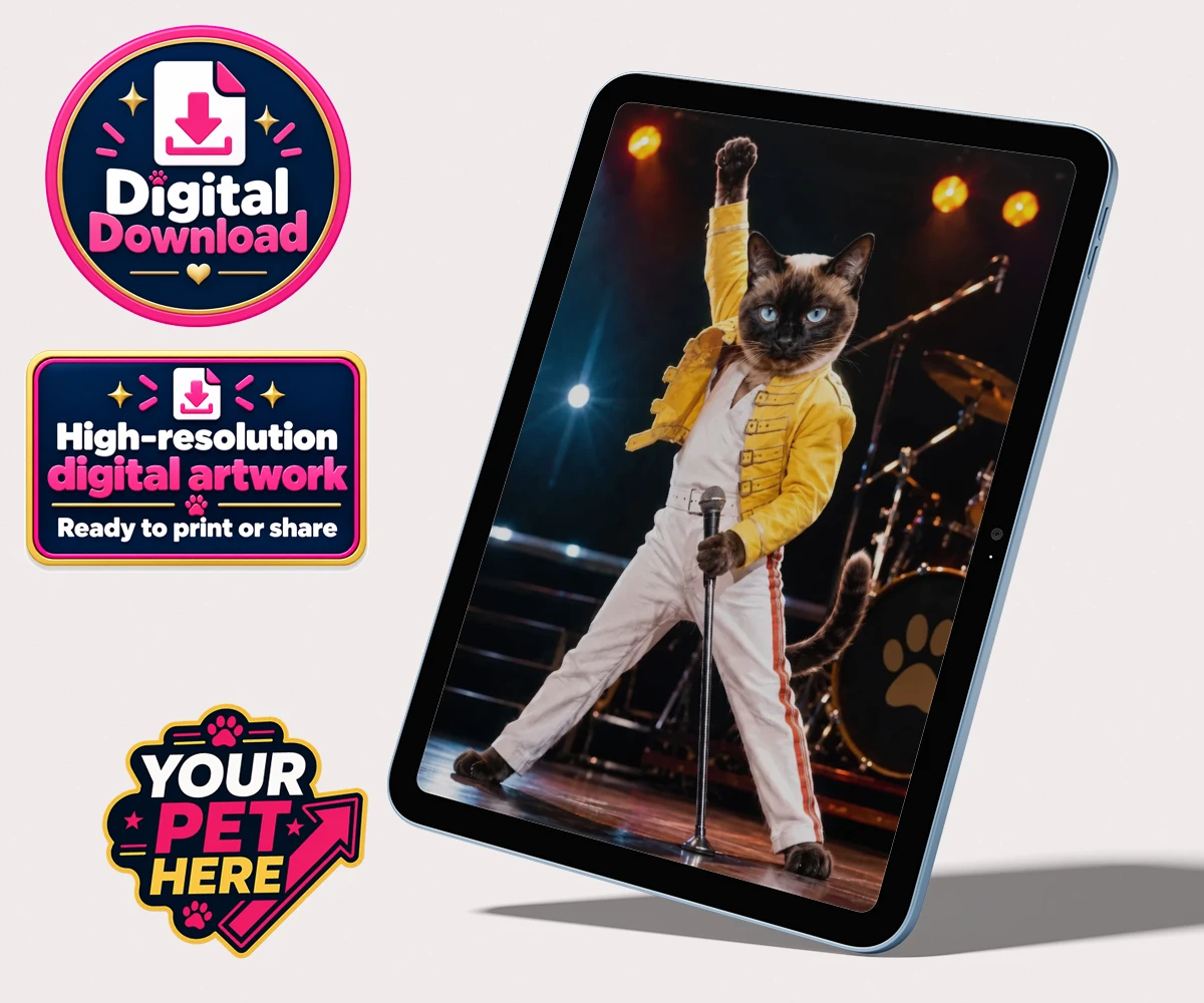 Personalised The Paw Must Go On cat personalised digital downloads featuring " a show-stopping tribute to feline flair in a vibrant portrait style