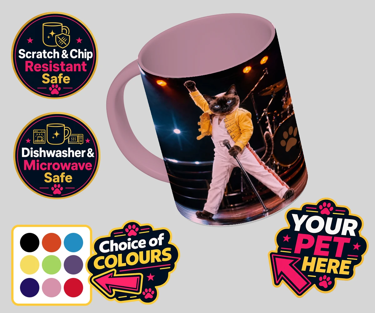 Personalised The Paw Must Go On cat coloured photo mugs featuring " a show-stopping tribute to feline flair in a vibrant portrait style