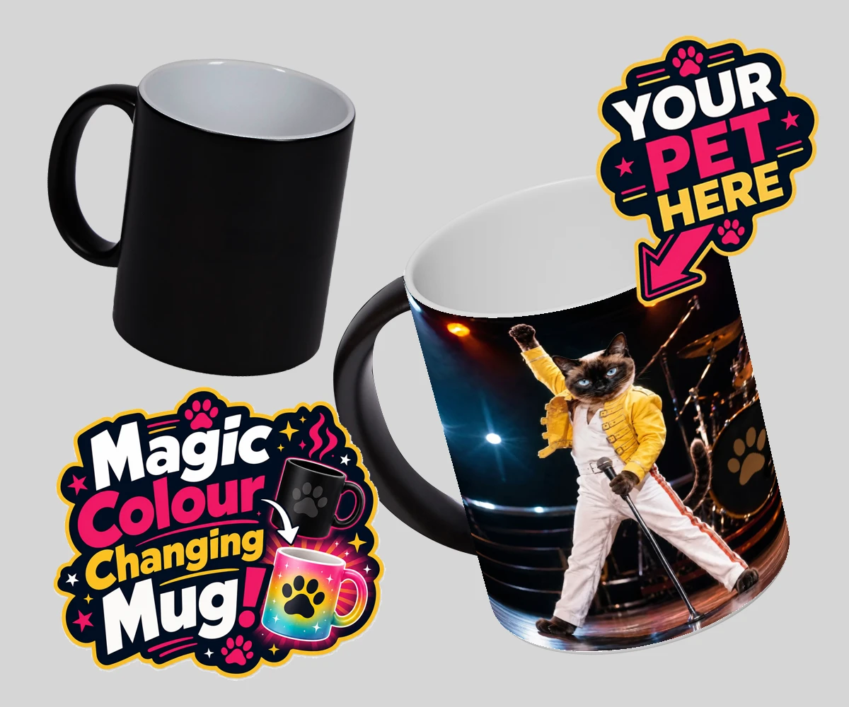 Personalised The Paw Must Go On cat magic photo mugs featuring " a show-stopping tribute to feline flair in a vibrant portrait style