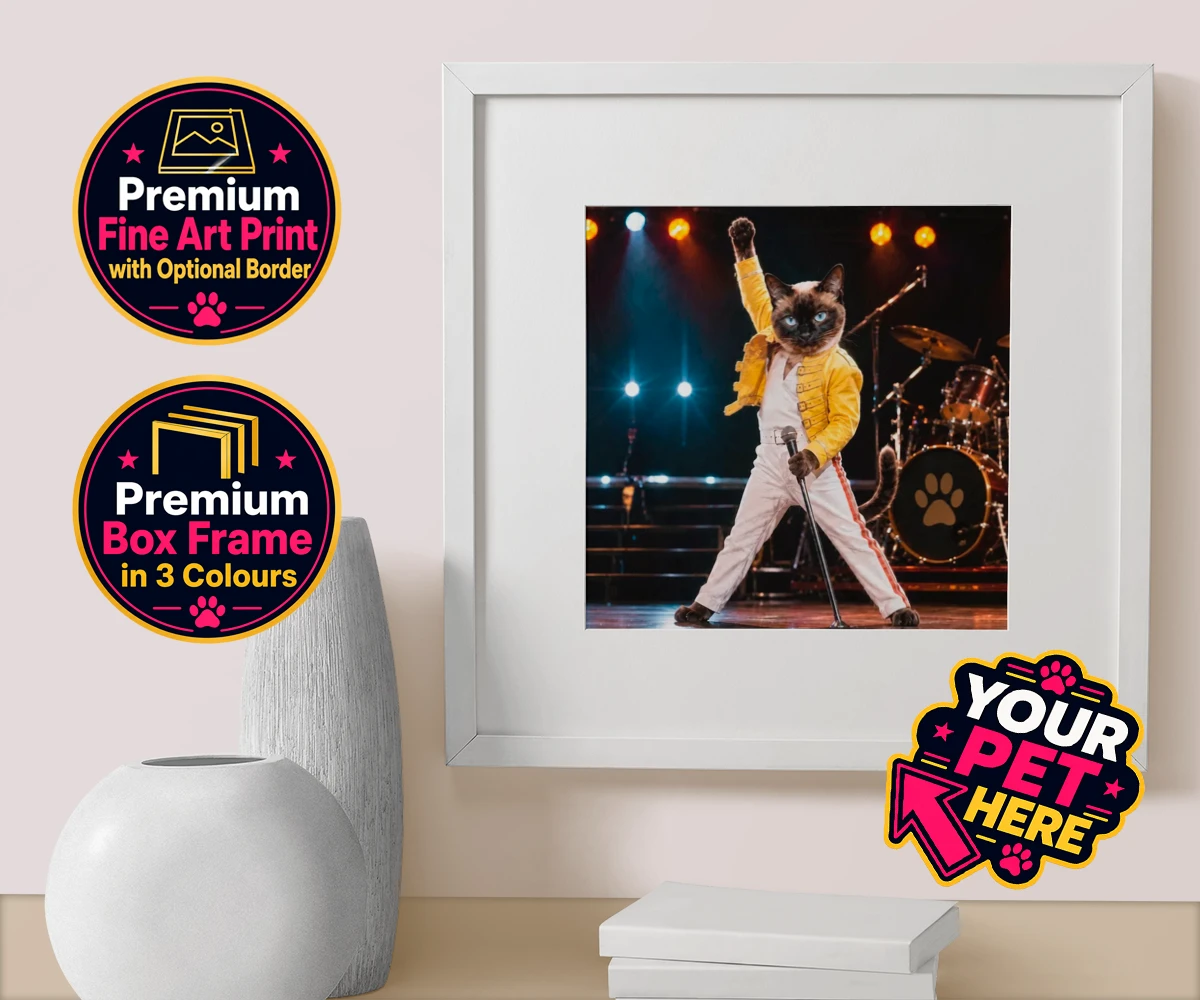 Personalised The Paw Must Go On cat box framed print featuring " a show-stopping tribute to feline flair in a vibrant portrait style