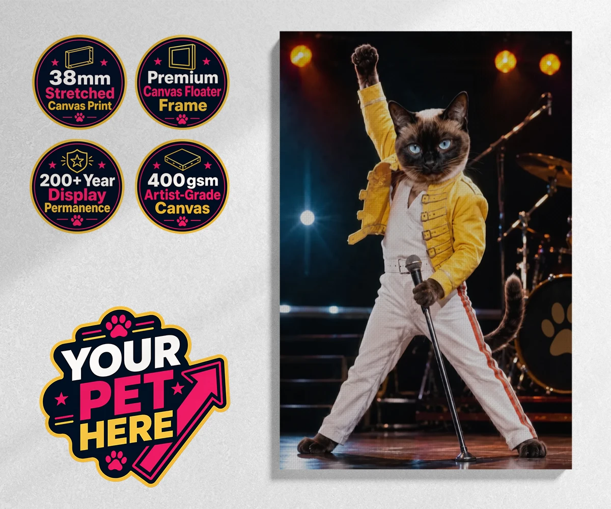 Personalised The Paw Must Go On cat stretched canvas print featuring " a show-stopping tribute to feline flair in a vibrant portrait style