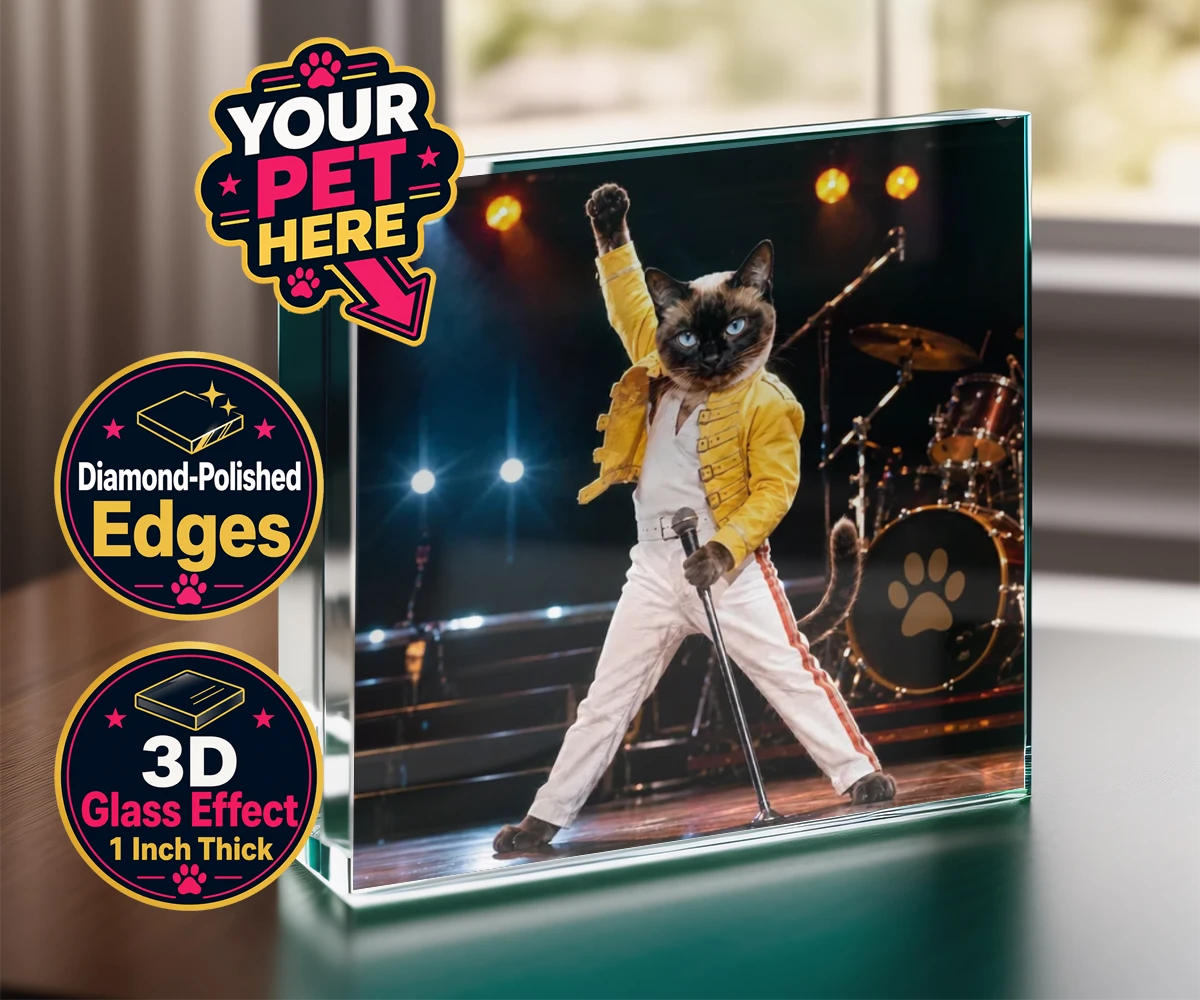 Personalised The Paw Must Go On cat acrylic prisms featuring " a show-stopping tribute to feline flair in a vibrant portrait style