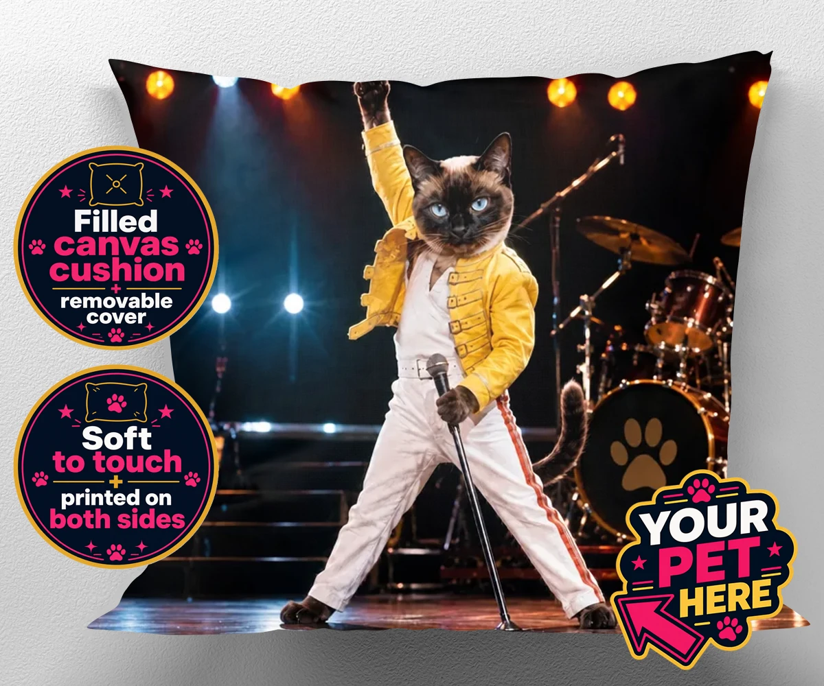 Personalised The Paw Must Go On cat canvas cushions featuring " a show-stopping tribute to feline flair in a vibrant portrait style