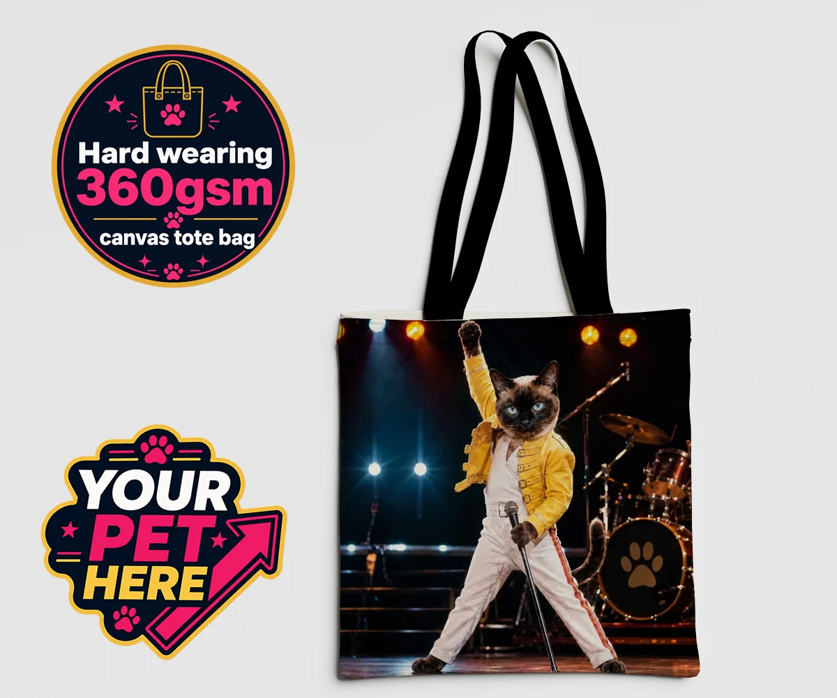 Personalised The Paw Must Go On cat canvas tote bags featuring " a show-stopping tribute to feline flair in a vibrant portrait style
