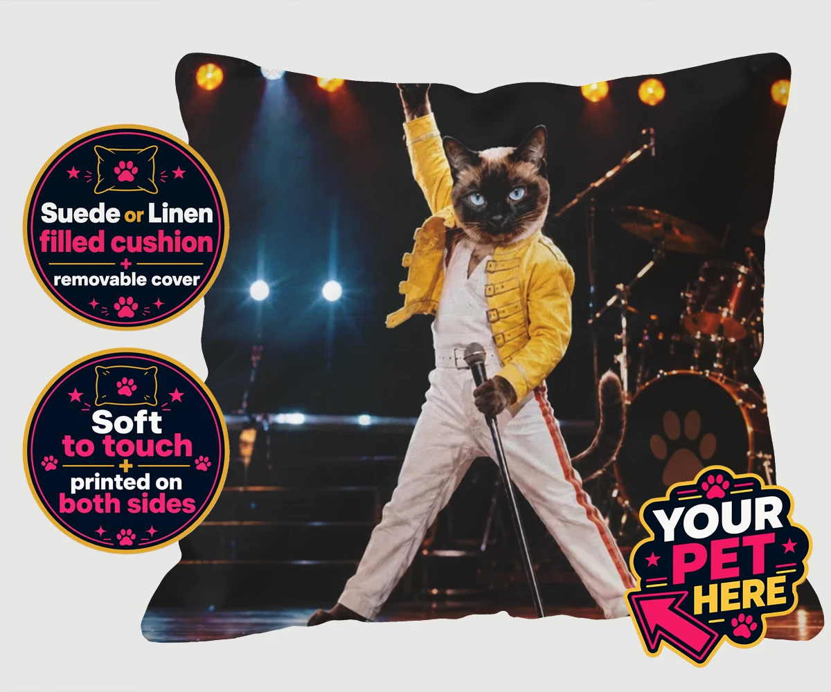 Personalised The Paw Must Go On cat cushions featuring " a show-stopping tribute to feline flair in a vibrant portrait style