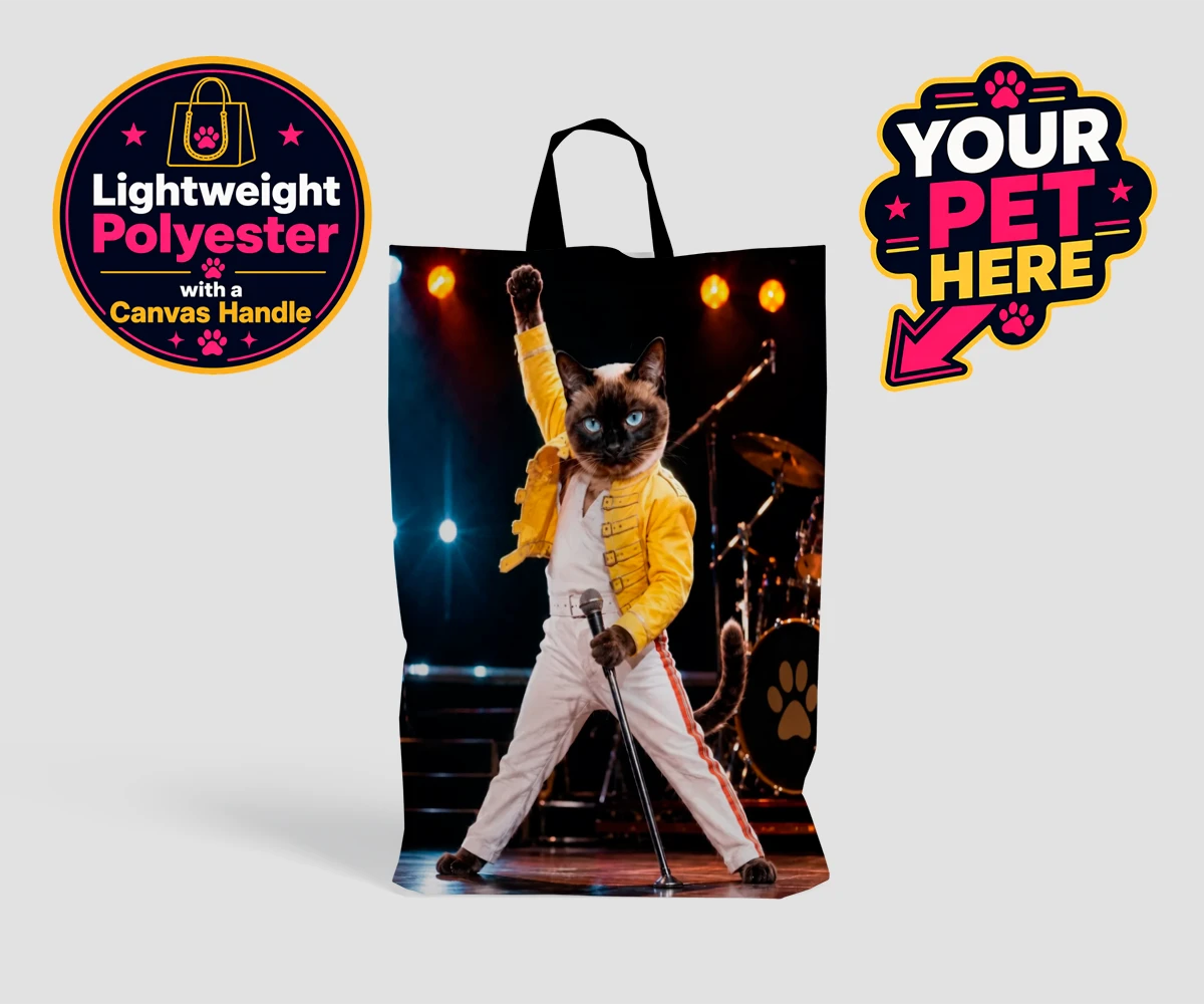 Personalised The Paw Must Go On cat shopping bags featuring " a show-stopping tribute to feline flair in a vibrant portrait style