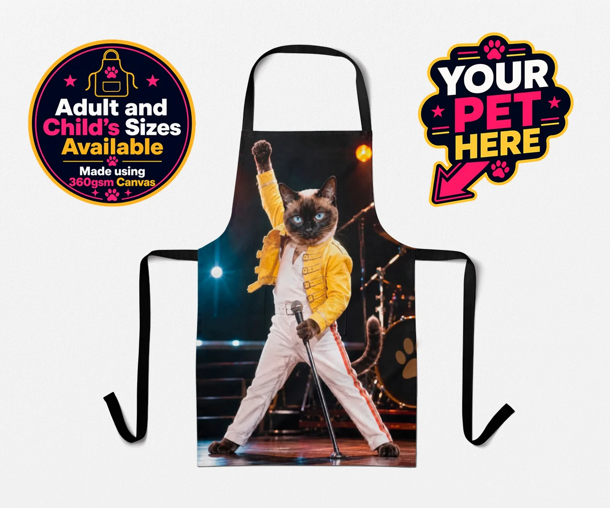 Personalised The Paw Must Go On cat aprons featuring " a show-stopping tribute to feline flair in a vibrant portrait style