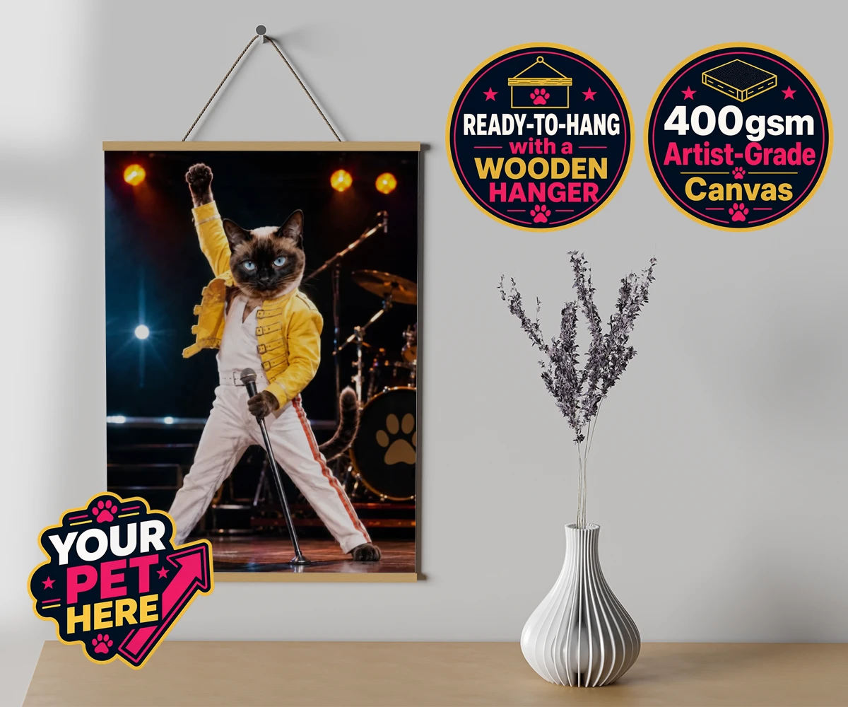 Personalised The Paw Must Go On cat canvas poster prints with hanger featuring " a show-stopping tribute to feline flair in a vibrant portrait style