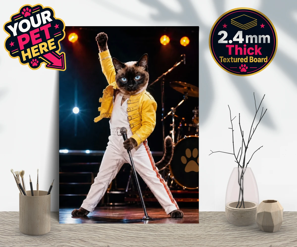 Personalised The Paw Must Go On cat gallery boards featuring " a show-stopping tribute to feline flair in a vibrant portrait style