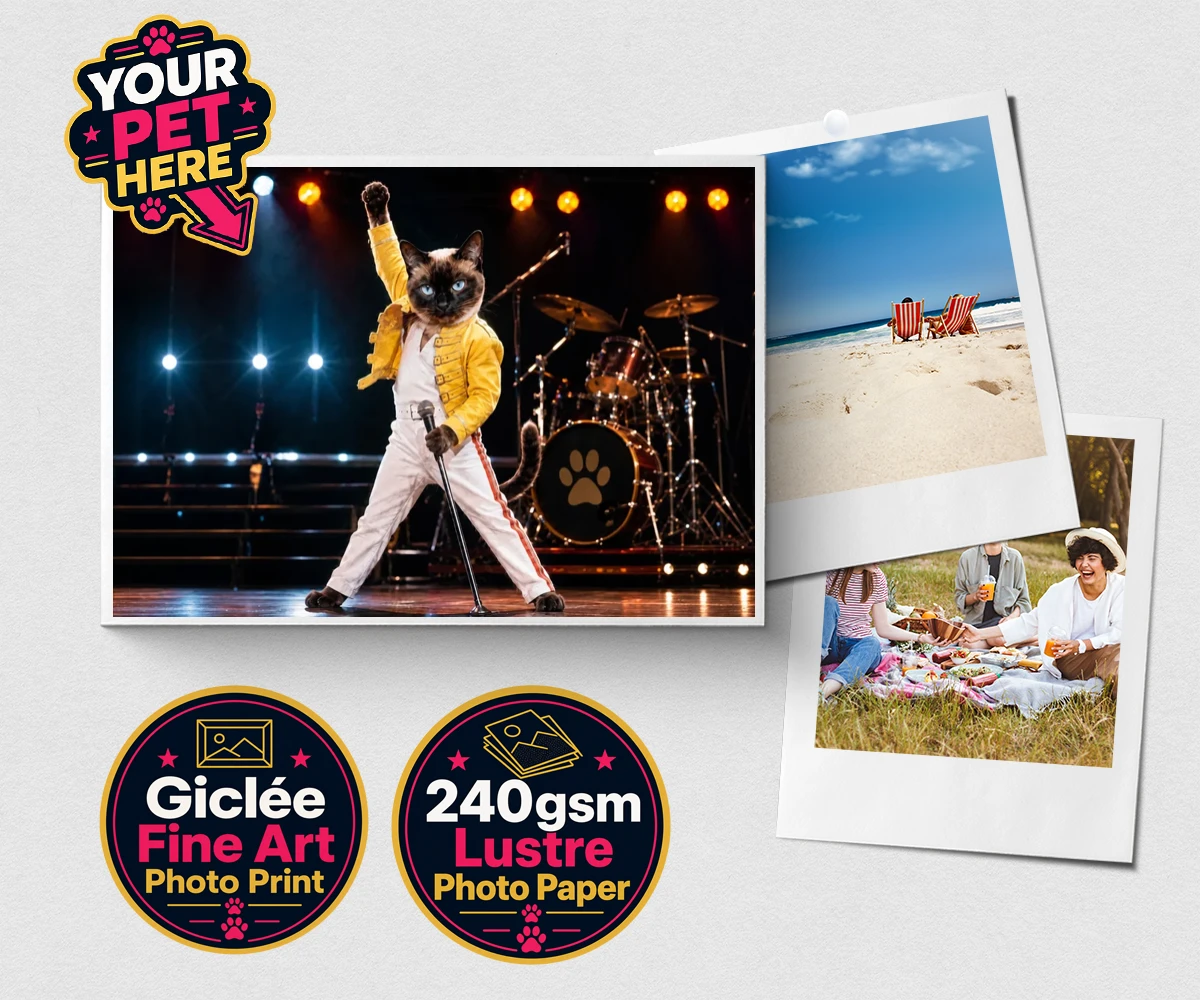 Personalised The Paw Must Go On cat premium photo print featuring " a show-stopping tribute to feline flair in a vibrant portrait style