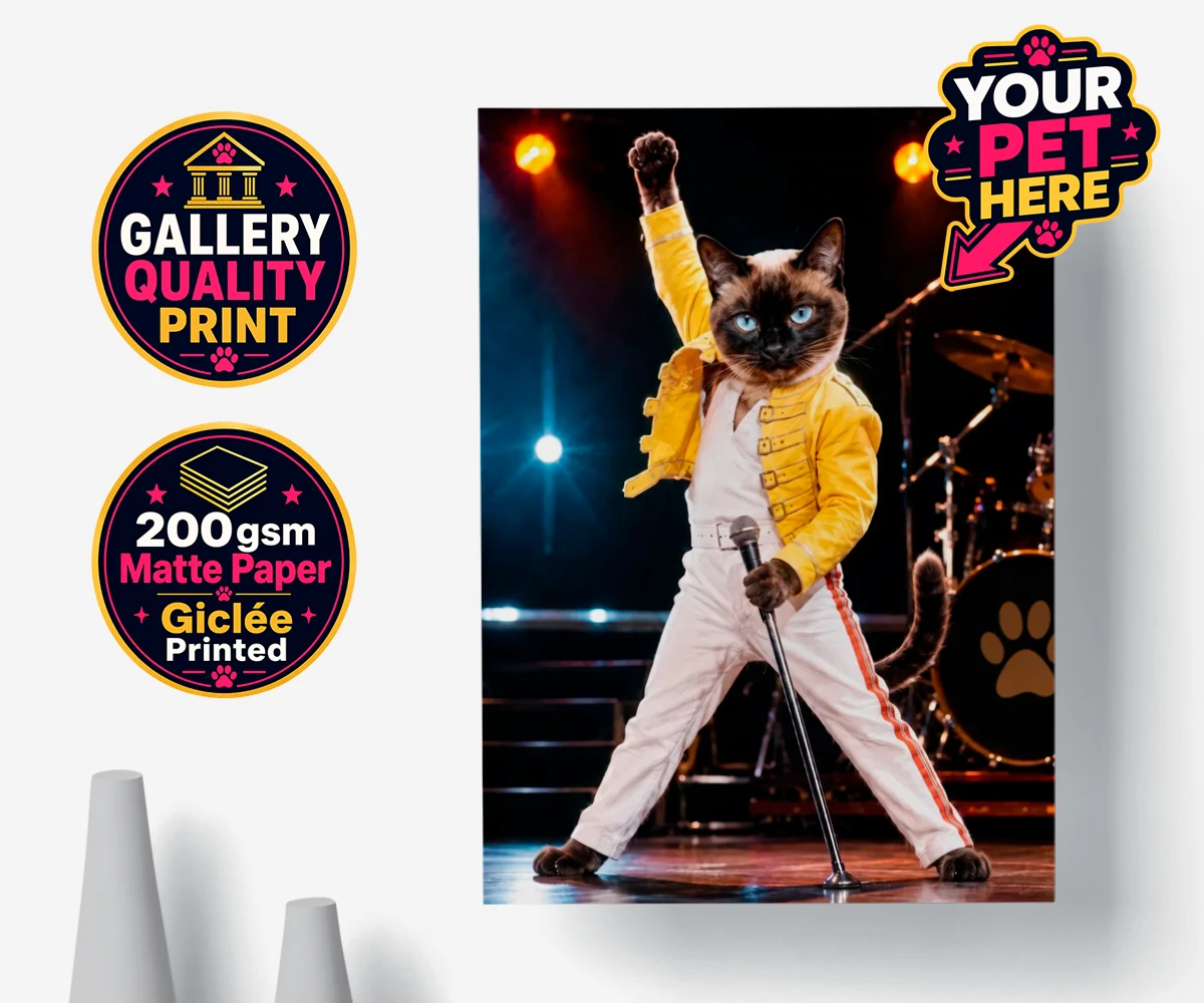 Personalised poster print of The Paw Must Go On cat in a yellow jacket and white trousers celebrating rock 'n' roll style