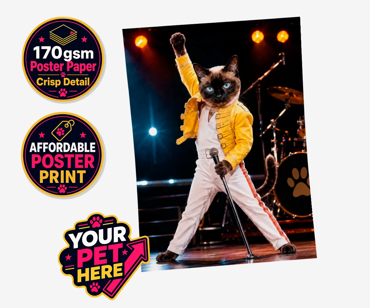 Personalised The Paw Must Go On cat standard poster print featuring " a show-stopping tribute to feline flair in a vibrant portrait style