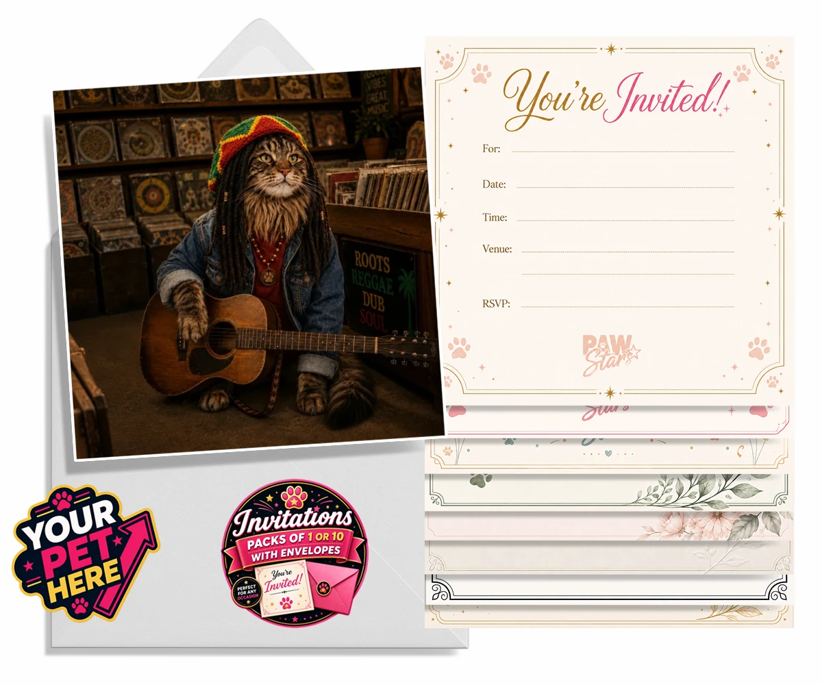 Personalised I Bit the Sheriff cat invitations featuring meet "I Bit the Sheriff," the purr-fect blend of feline charm and musi