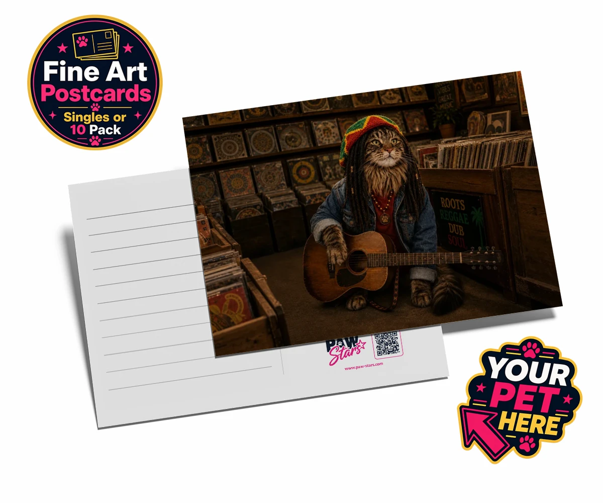 Personalised I Bit the Sheriff cat postcards featuring meet "I Bit the Sheriff," the purr-fect blend of feline charm and musi