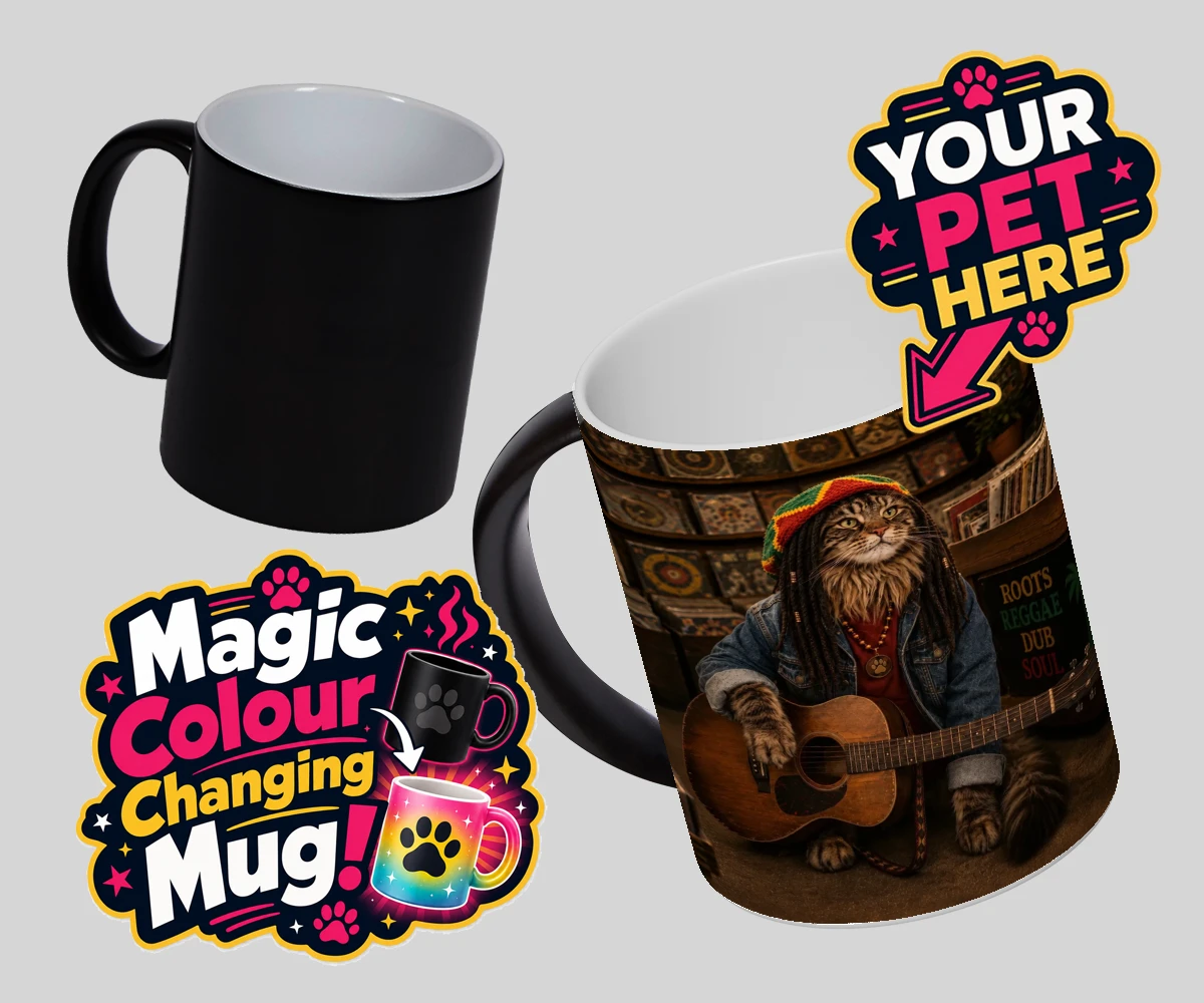 Personalised I Bit the Sheriff cat magic photo mugs featuring meet "I Bit the Sheriff," the purr-fect blend of feline charm and musi