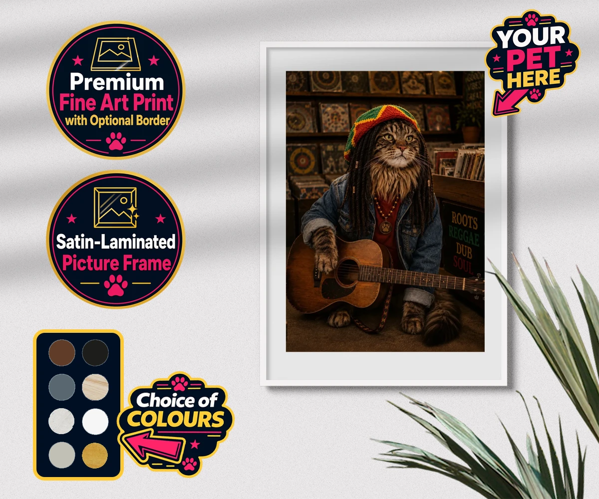 Personalised I Bit the Sheriff cat premium framed print featuring meet "I Bit the Sheriff," the purr-fect blend of feline charm and musi