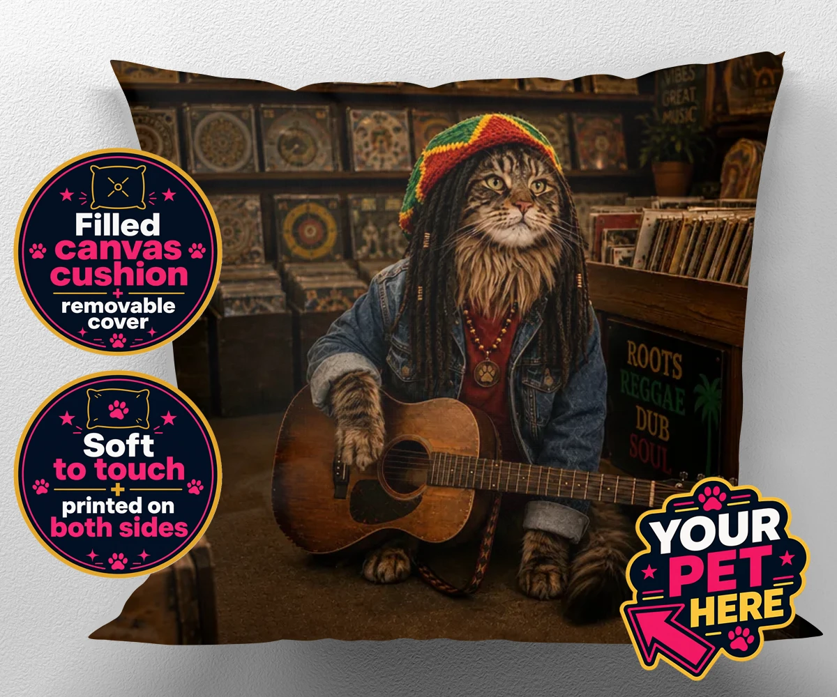 Personalised I Bit the Sheriff cat canvas cushions featuring meet "I Bit the Sheriff," the purr-fect blend of feline charm and musi