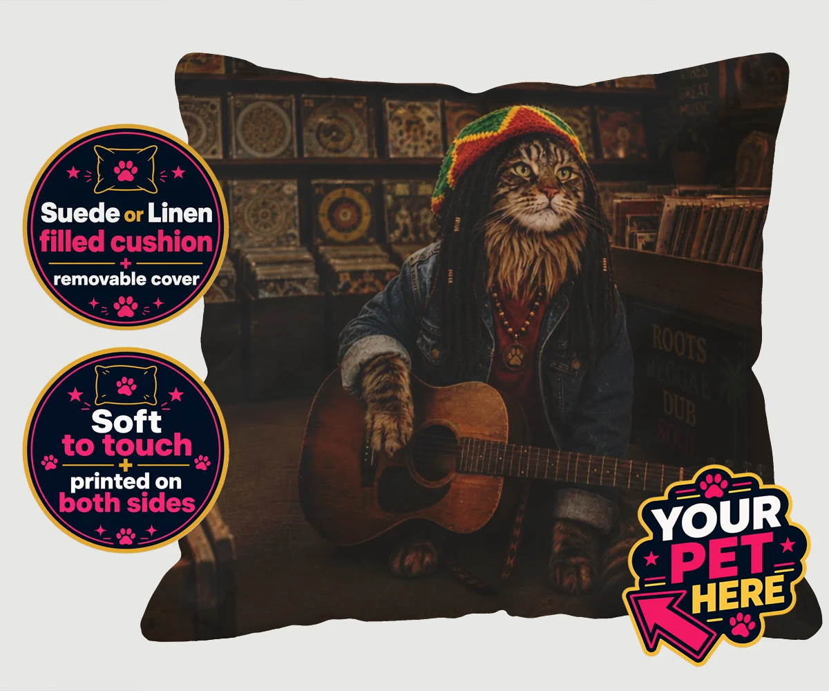 Personalised I Bit the Sheriff cat cushions featuring meet "I Bit the Sheriff," the purr-fect blend of feline charm and musi