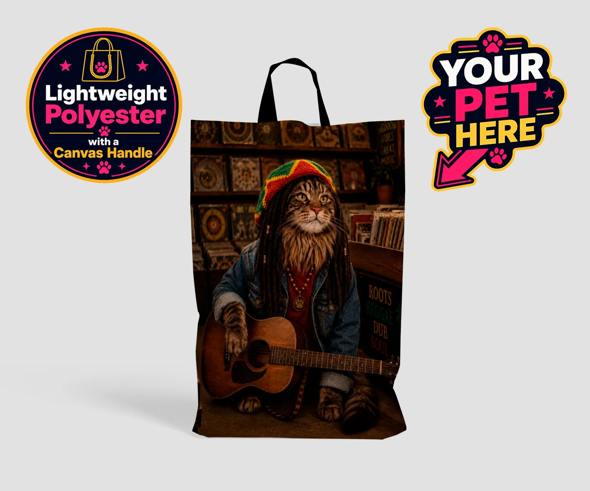 Personalised I Bit the Sheriff cat shopping bags featuring meet "I Bit the Sheriff," the purr-fect blend of feline charm and musi