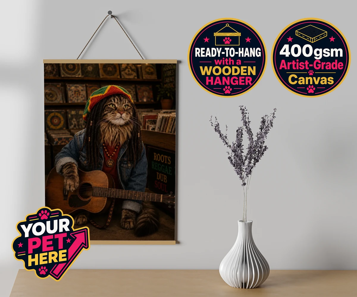 Personalised I Bit the Sheriff cat canvas poster prints with hanger featuring meet "I Bit the Sheriff," the purr-fect blend of feline charm and musi