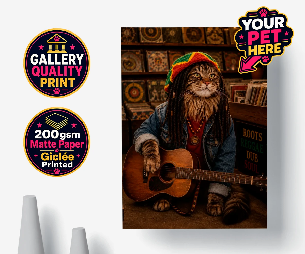 Personalised poster print of I Bit the Sheriff, the cat in a reggae costume with a beanie and denim jacket, strumming a guitar.