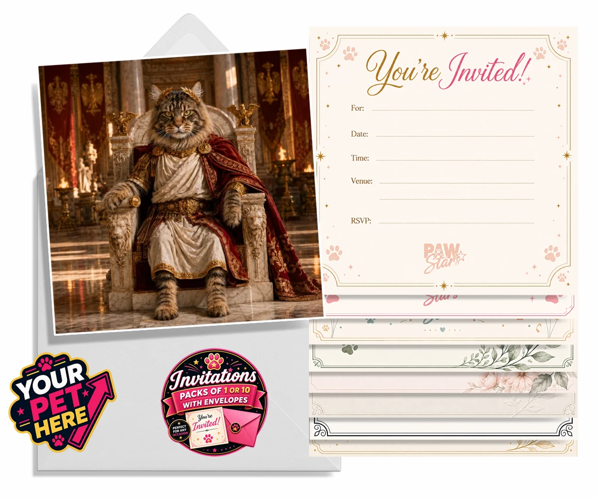 Personalised Paw Emperor cat invitations featuring a portrait that embodies the regal essence every cat owner knows their