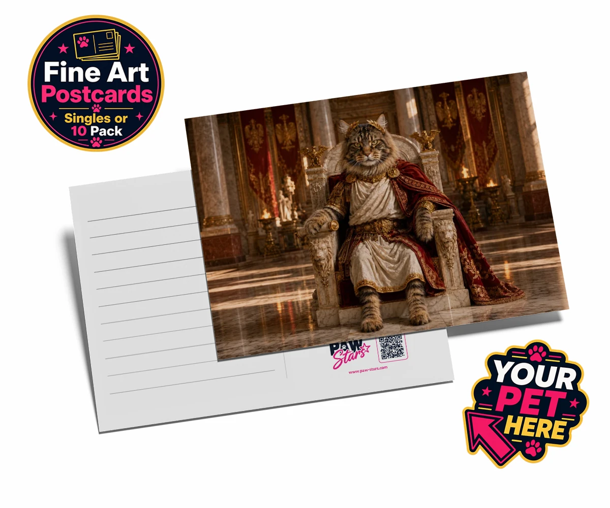 Personalised Paw Emperor cat postcards featuring a portrait that embodies the regal essence every cat owner knows their