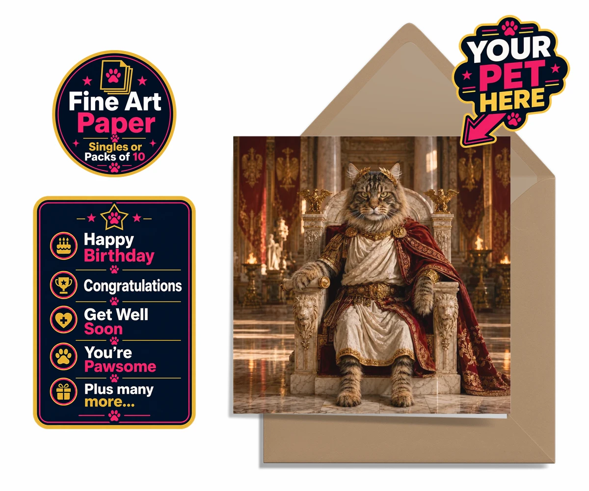 Personalised Paw Emperor cat premium greetings cards featuring a portrait that embodies the regal essence every cat owner knows their