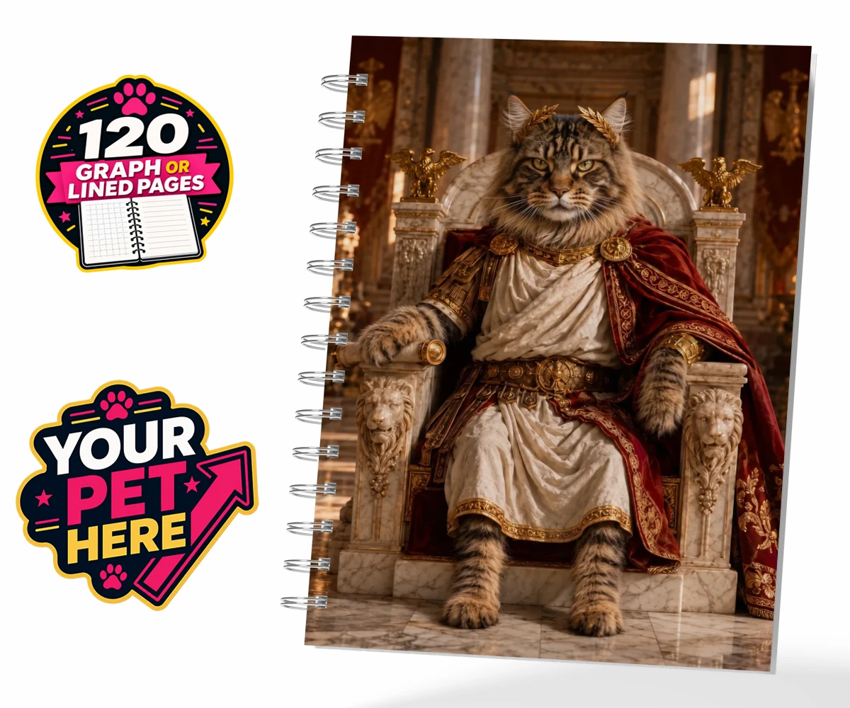 Personalised Paw Emperor cat spiral notebook featuring a portrait that embodies the regal essence every cat owner knows their