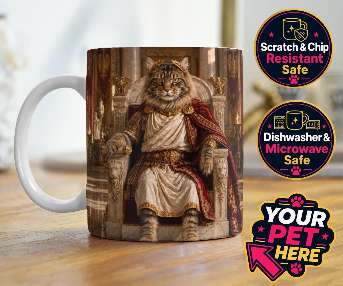 Personalised Paw Emperor cat photo mugs featuring a portrait that embodies the regal essence every cat owner knows their