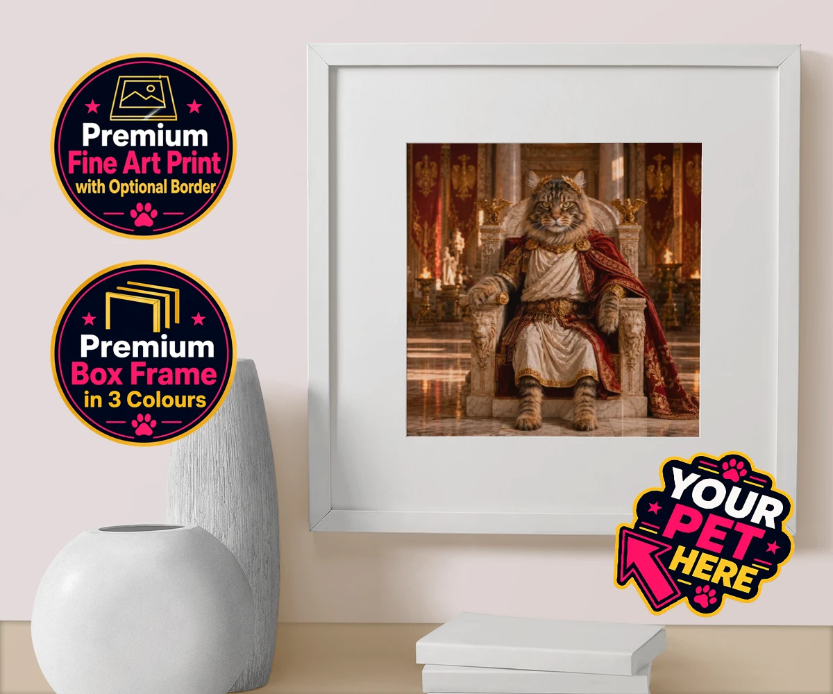 Personalised Paw Emperor cat box framed print featuring a portrait that embodies the regal essence every cat owner knows their