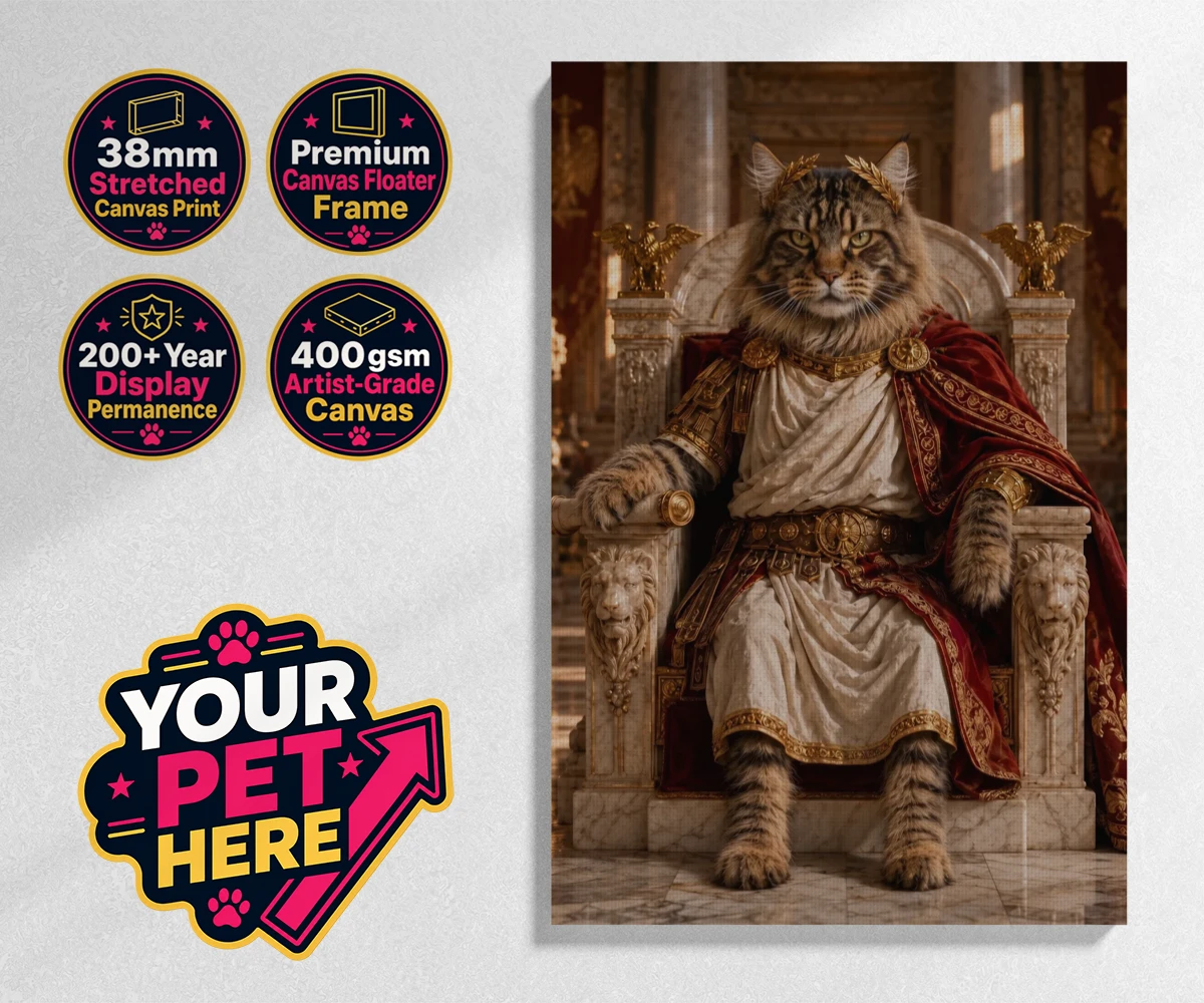 Personalised Paw Emperor cat stretched canvas print featuring a portrait that embodies the regal essence every cat owner knows their