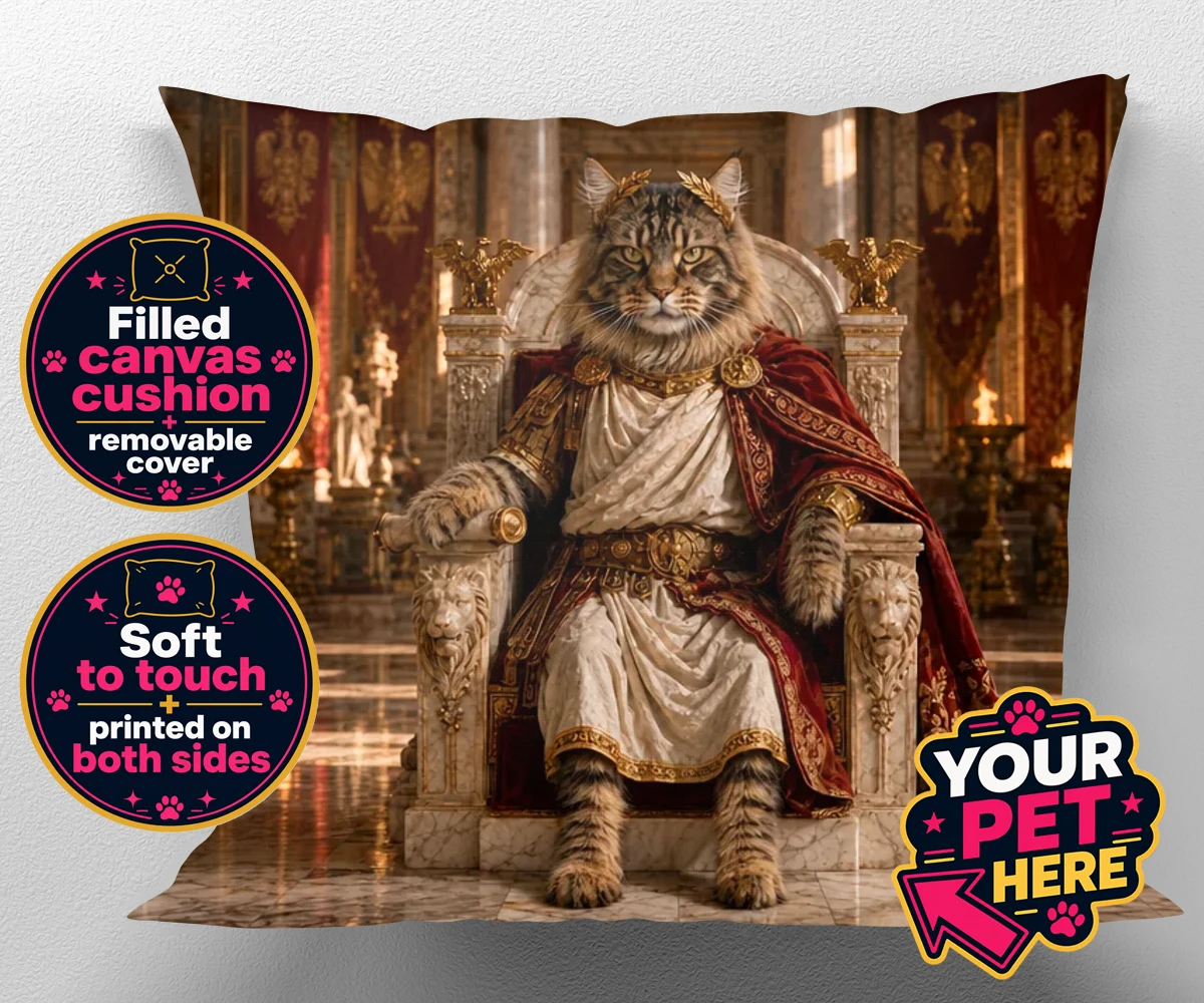 Personalised Paw Emperor cat canvas cushions featuring a portrait that embodies the regal essence every cat owner knows their