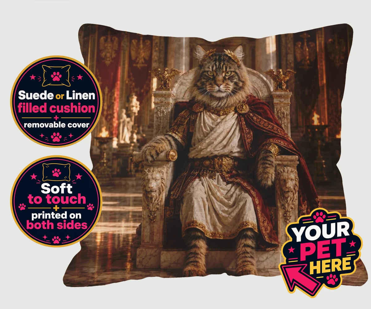 Personalised Paw Emperor cat cushions featuring a portrait that embodies the regal essence every cat owner knows their
