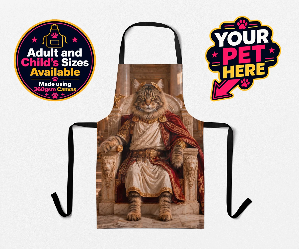Personalised Paw Emperor cat aprons featuring a portrait that embodies the regal essence every cat owner knows their