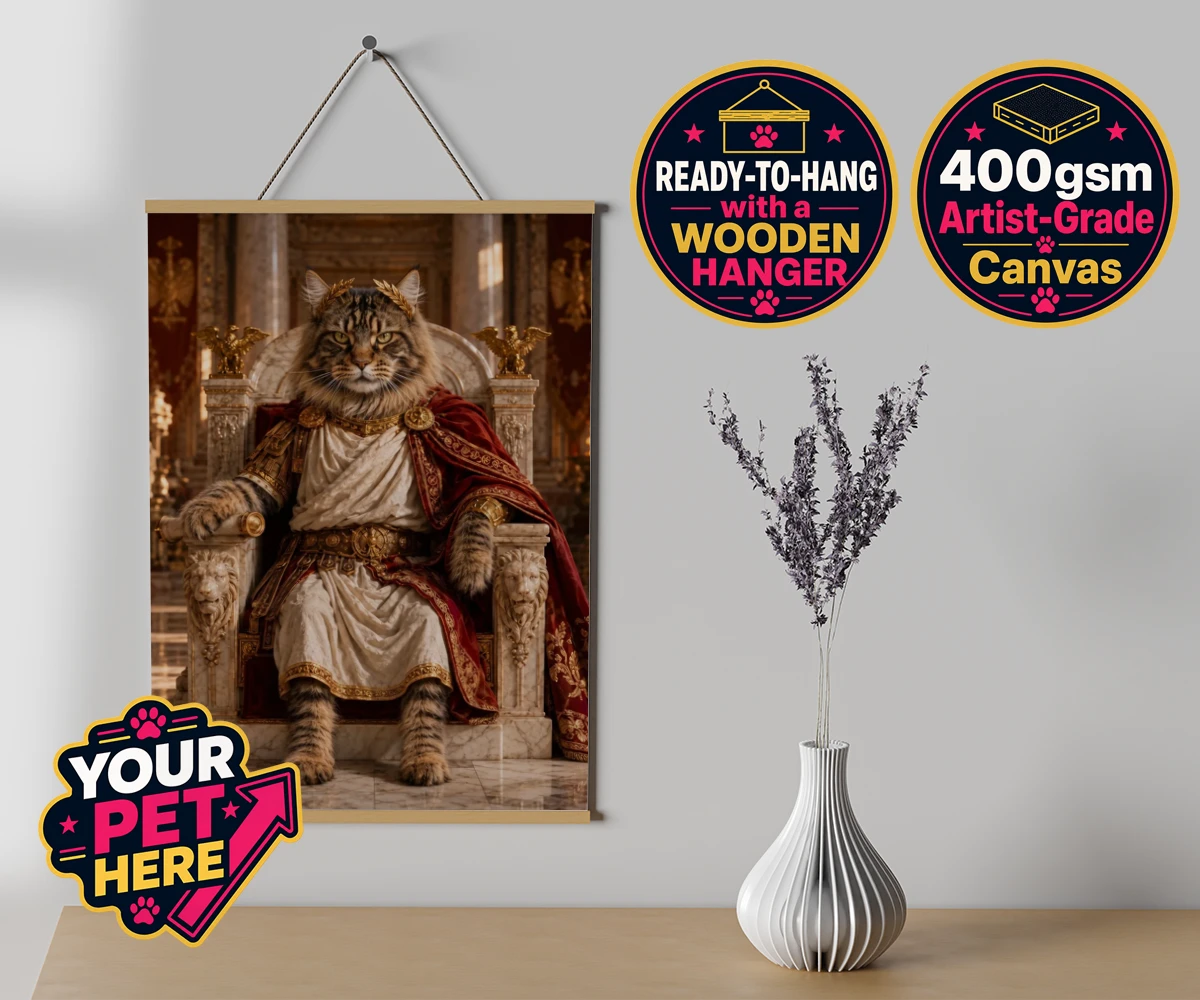 Personalised Paw Emperor cat canvas poster prints with hanger featuring a portrait that embodies the regal essence every cat owner knows their