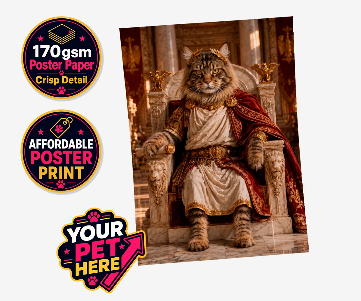 Personalised Paw Emperor cat standard poster print featuring a portrait that embodies the regal essence every cat owner knows their