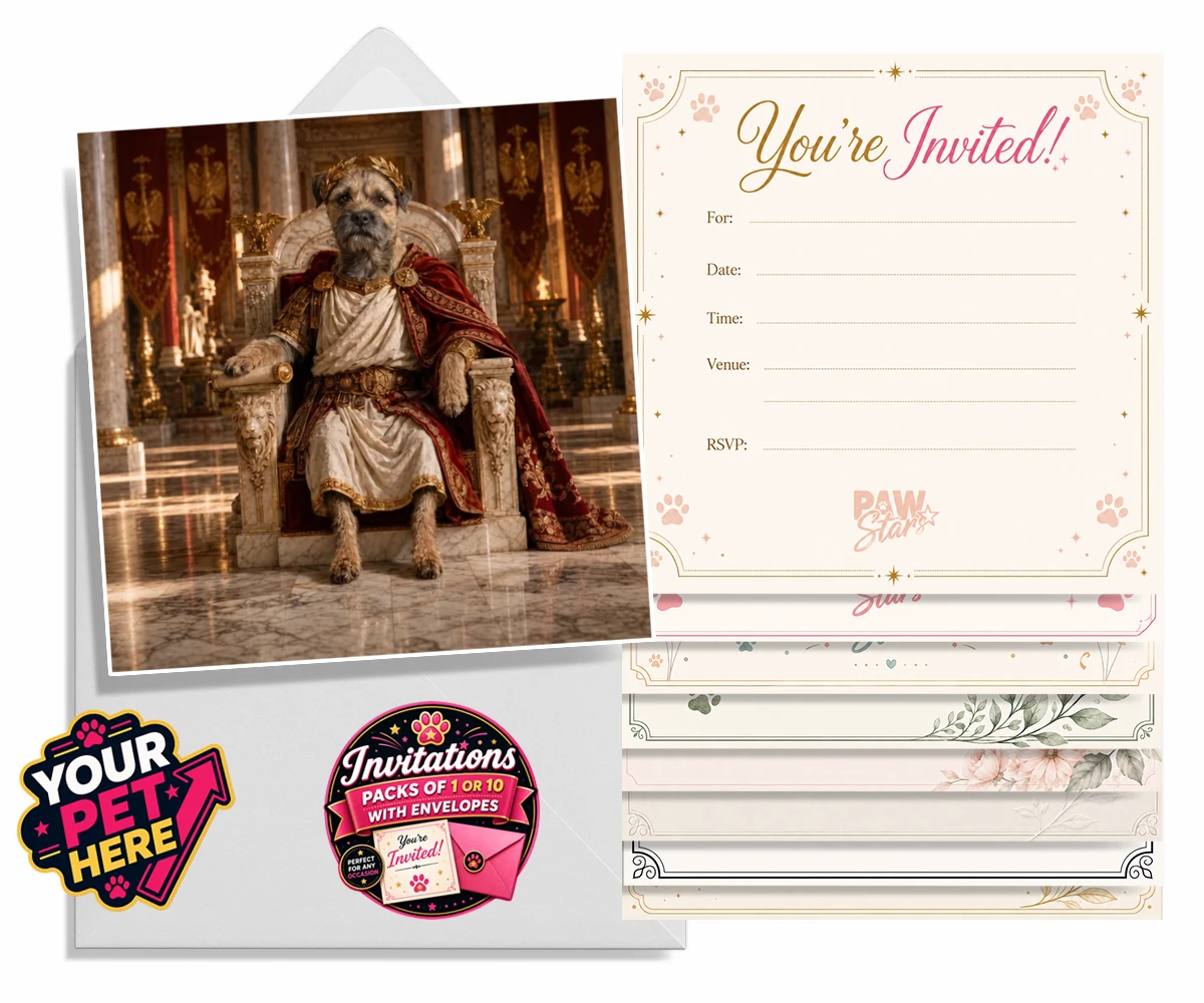 Personalised Paw Emperor dog invitations featuring meet the Paw Emperor, an enchanting tribute to your beloved canine com