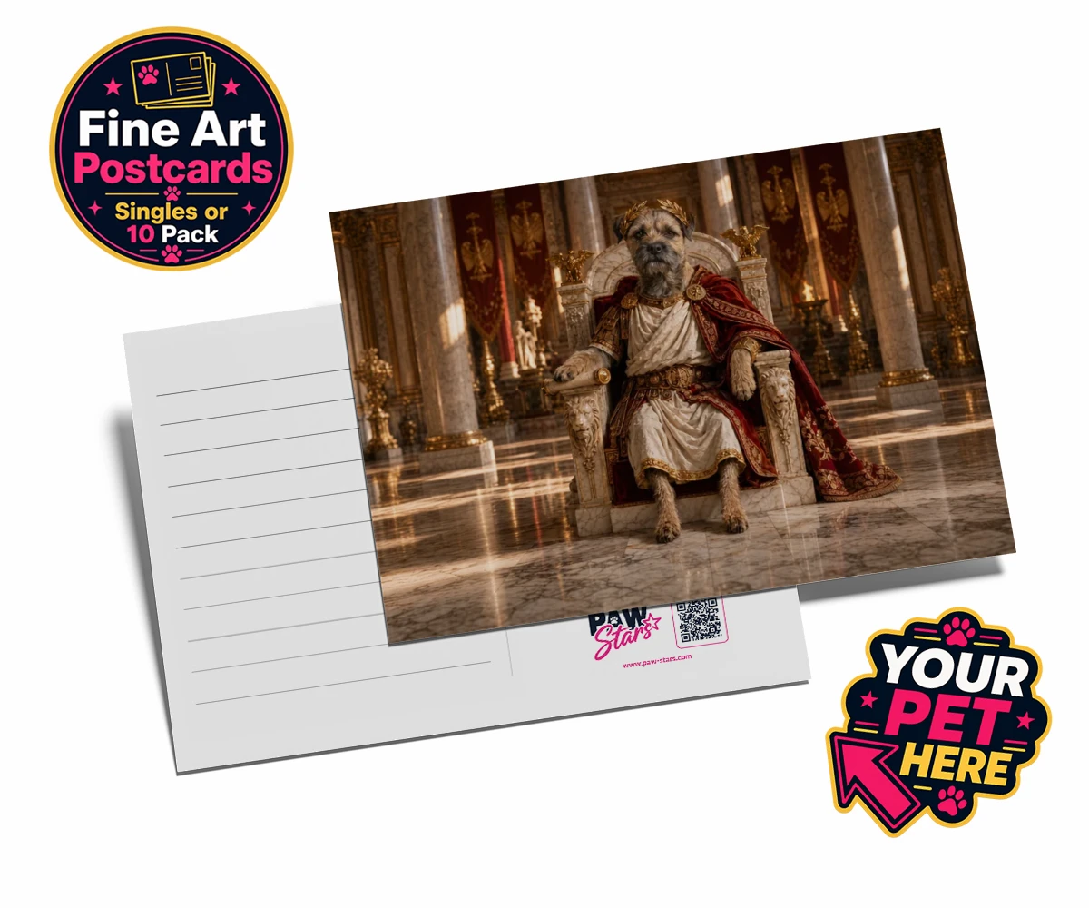 Personalised Paw Emperor dog postcards featuring meet the Paw Emperor, an enchanting tribute to your beloved canine com