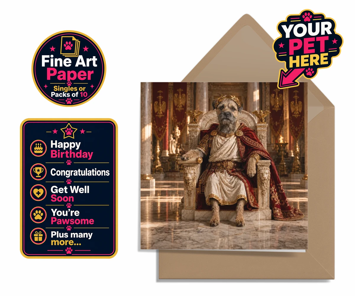 Personalised Paw Emperor dog premium greetings cards featuring meet the Paw Emperor, an enchanting tribute to your beloved canine com