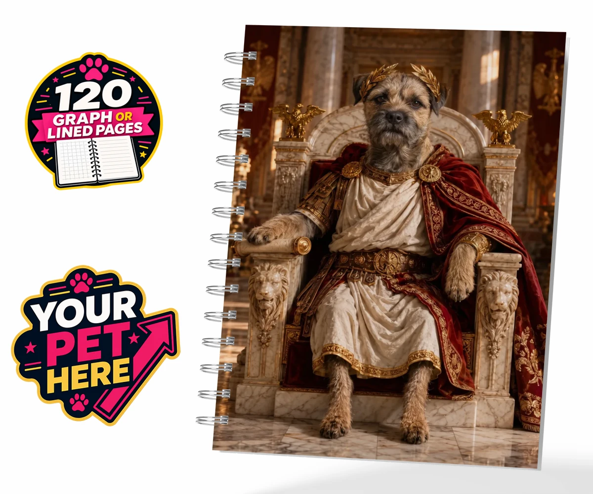 Personalised Paw Emperor dog spiral notebook featuring meet the Paw Emperor, an enchanting tribute to your beloved canine com