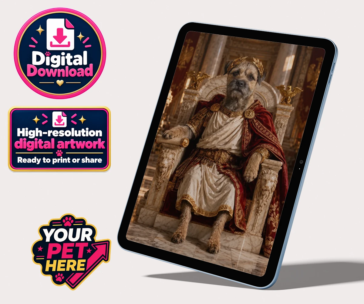 Personalised digital portrait of Paw Emperor, a dog in a regal robe and laurel crown on a throne