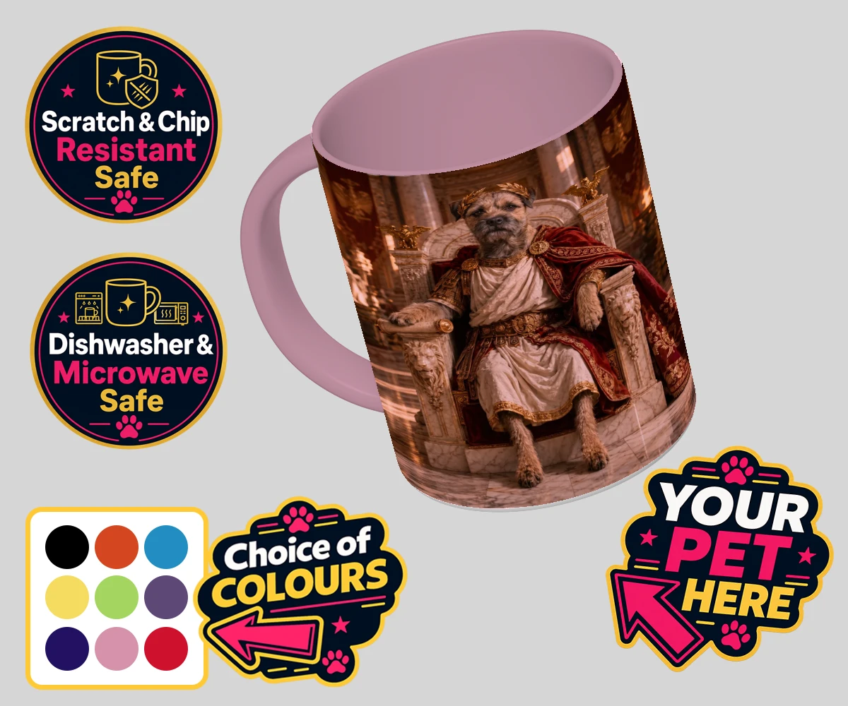 Personalised Paw Emperor dog coloured photo mugs featuring meet the Paw Emperor, an enchanting tribute to your beloved canine com
